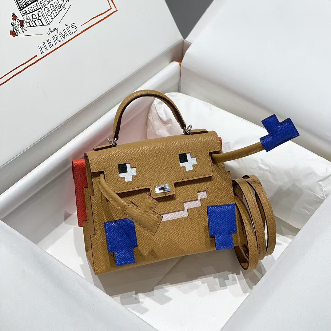 KELLY DOLL PICTO MINI 18 BROWN MIX BLUE CALFSKIN