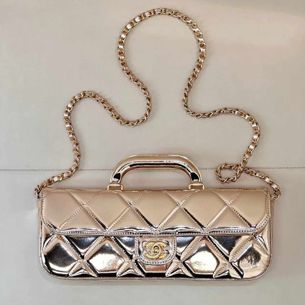 CC 25K Large Flap Bag with Top Handle Chain Strap Gold Metalic Patent Calfskin GHW