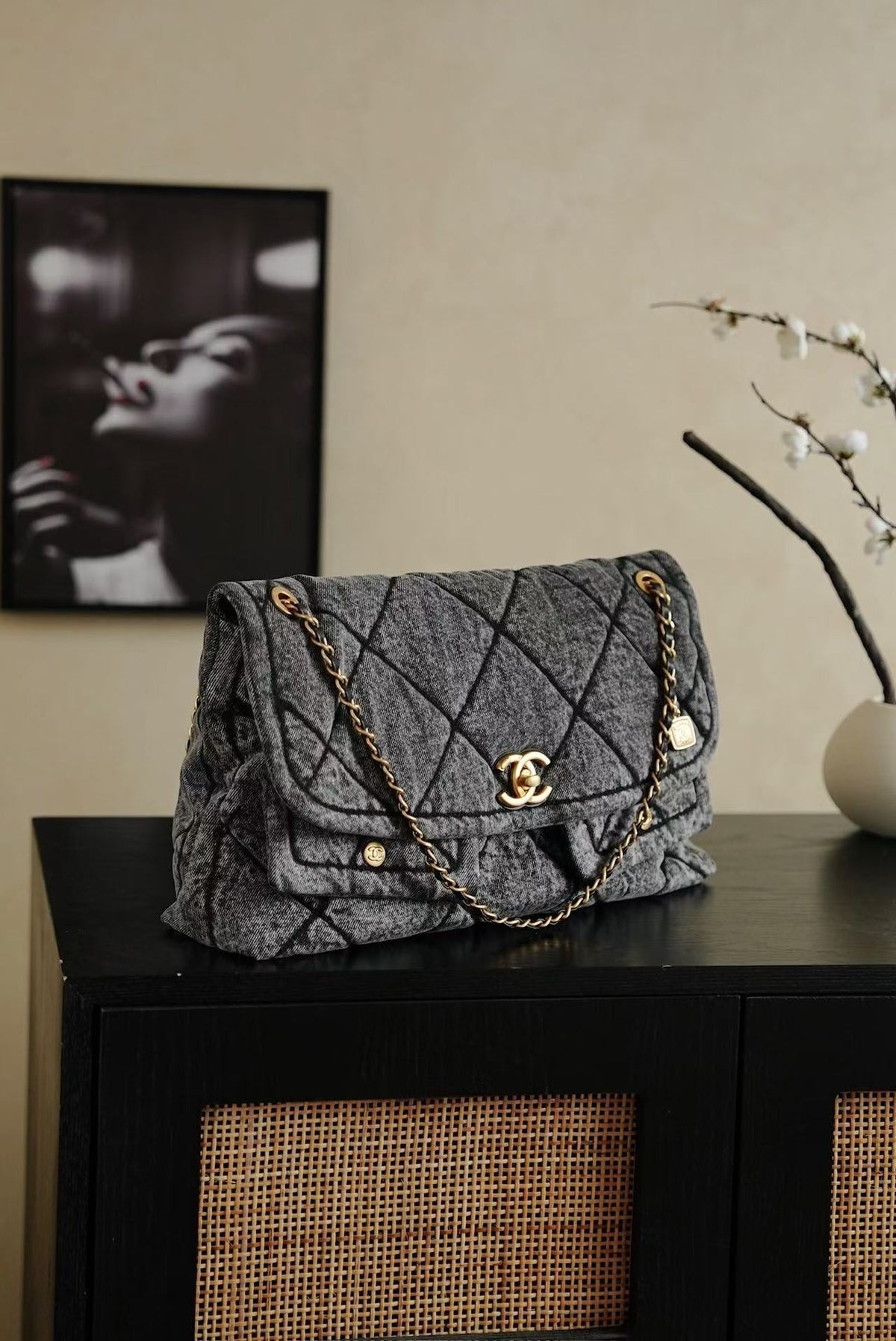 CC 2025 Classic Flap Bag Black Denim Fabric Gold Hardware