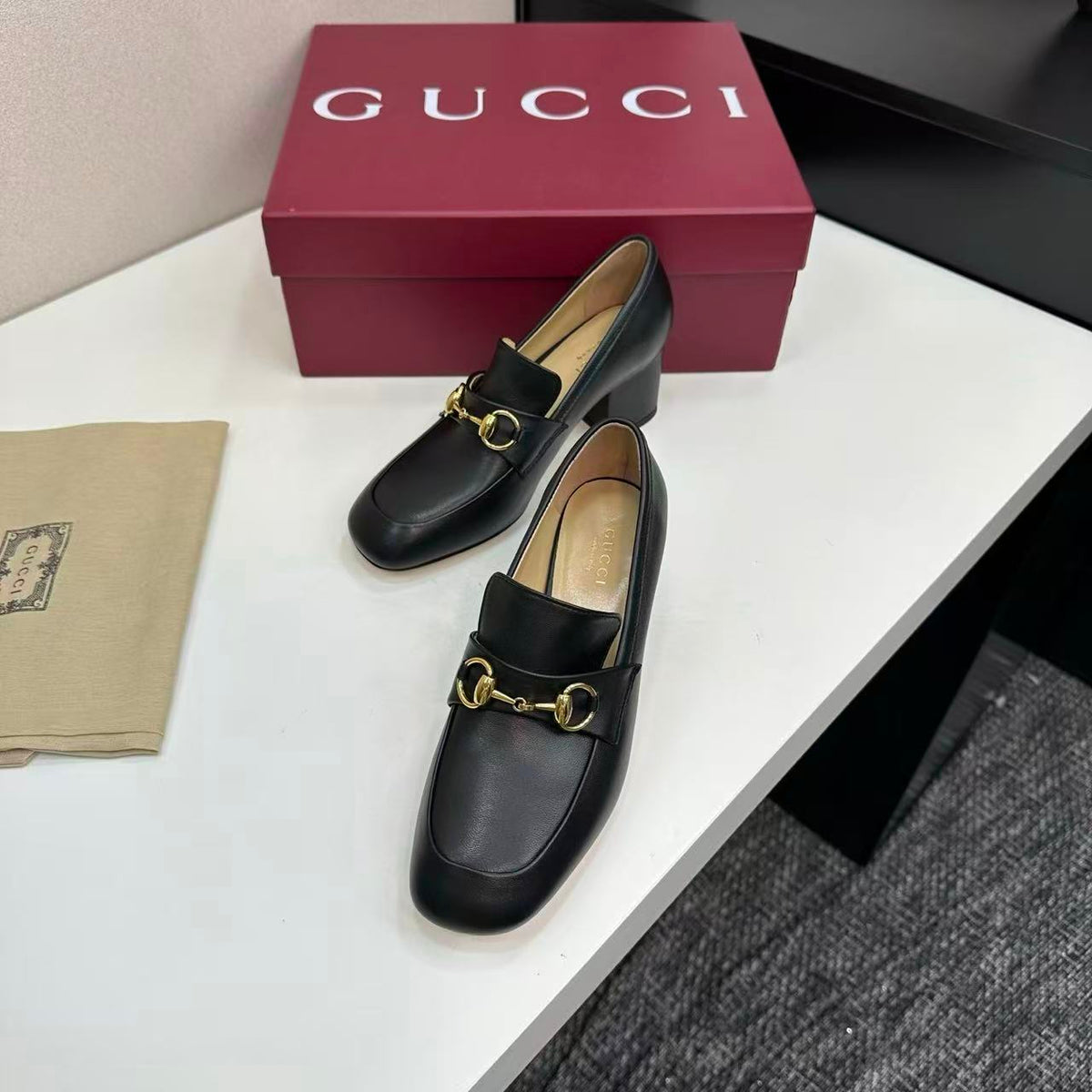 Gucci 2025 Lady Horsebit Loafer Pump Black Gold Leather