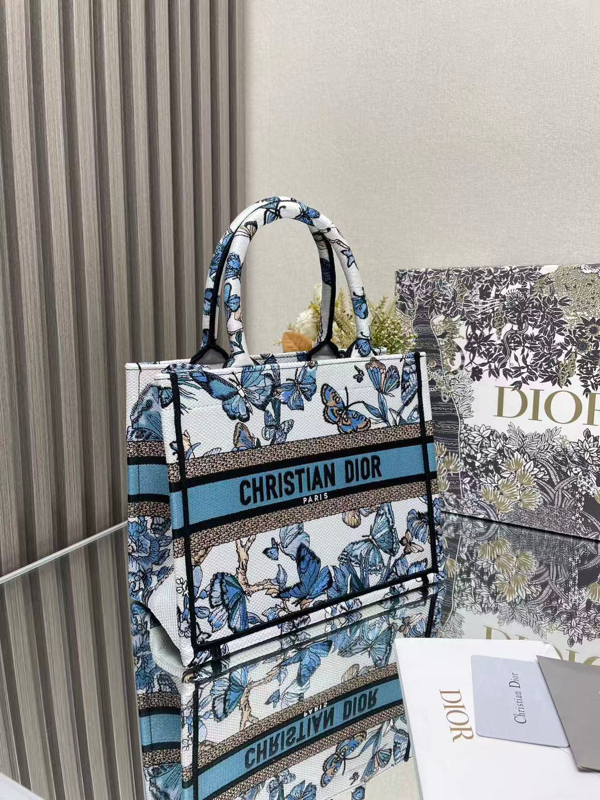 CD 2025 Butterfly Book Tote Blue White Canvas