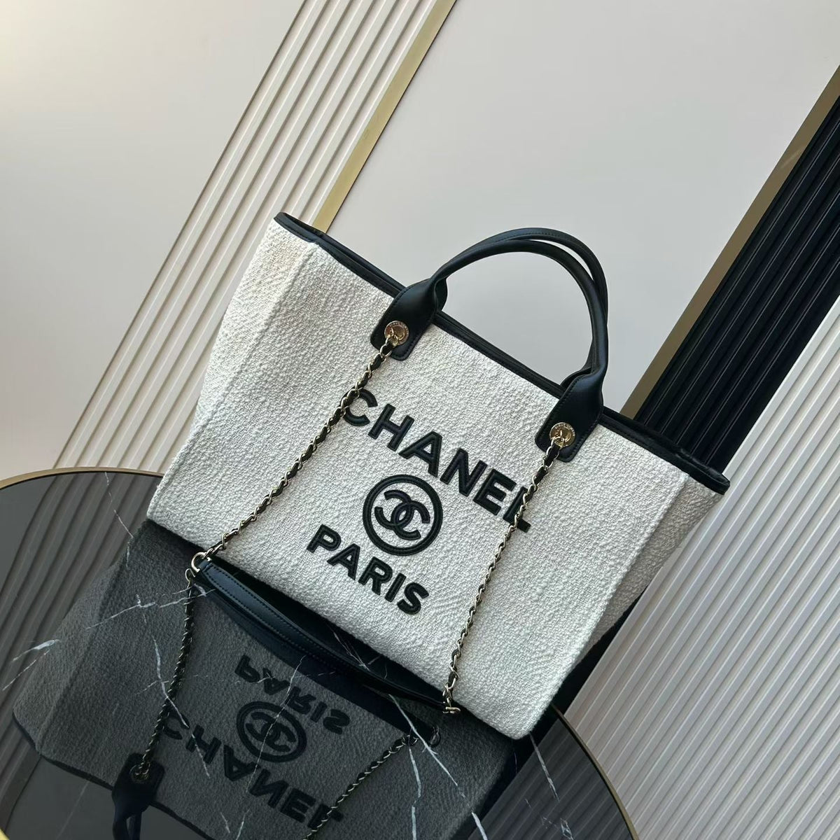 CC Deauville Tote Bag White Black Canvas & Calfskin