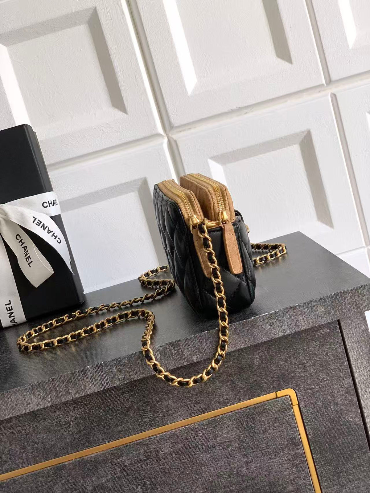 CC 25A Touch Phone Holder Bag 17.5cm with Chain Black Brown Lamskin