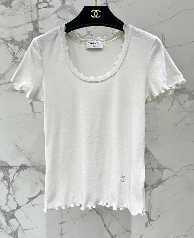 Chanel 2026 Scalloped Neckline T-shirt White Purple Gray Cotton