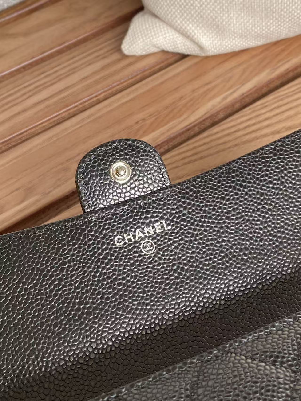 CC Classic Long Flap Wallet Black Quilted Caviar Sliver Buckle