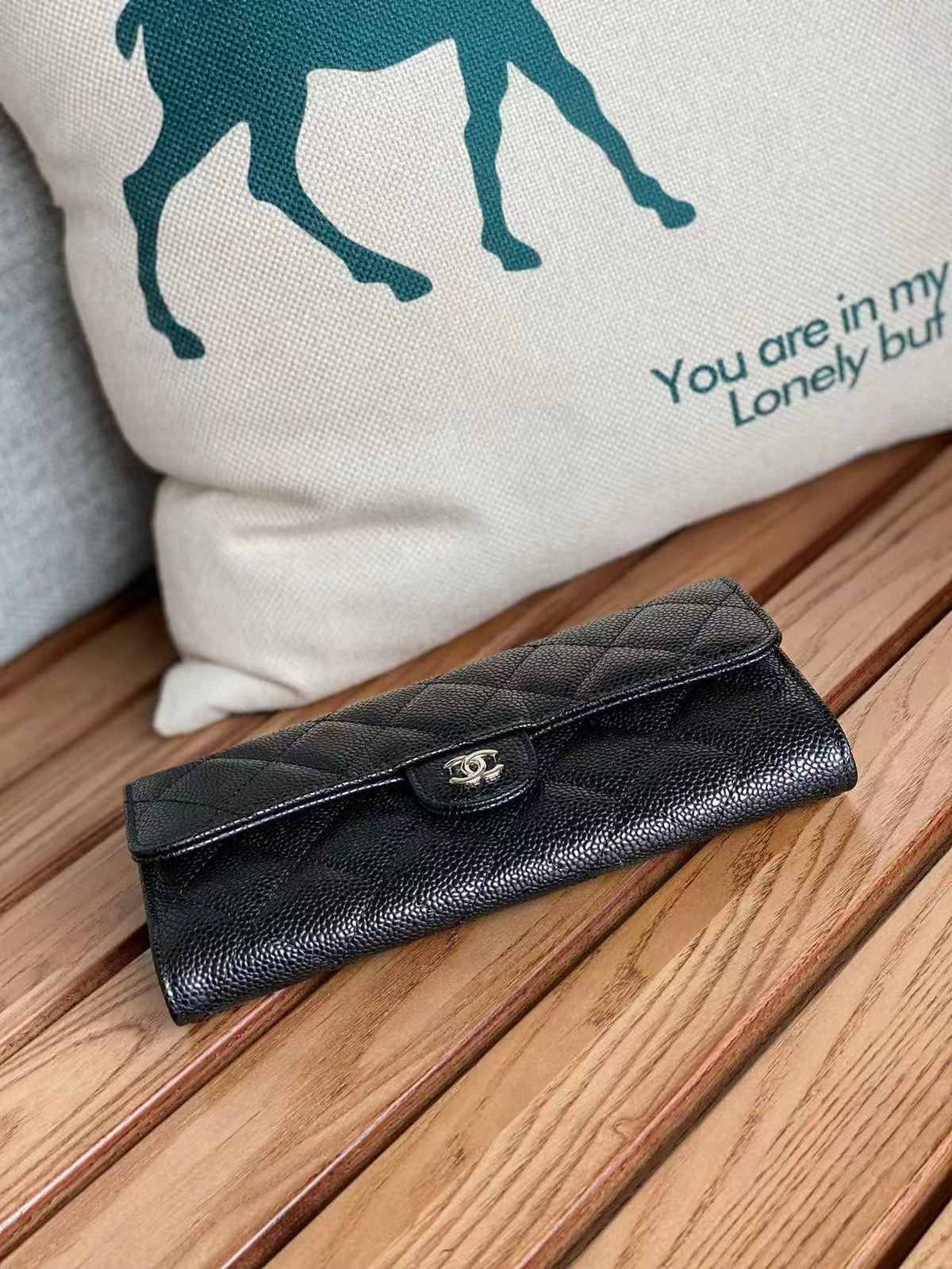 CC Classic Long Flap Wallet Black Quilted Caviar Sliver Buckle