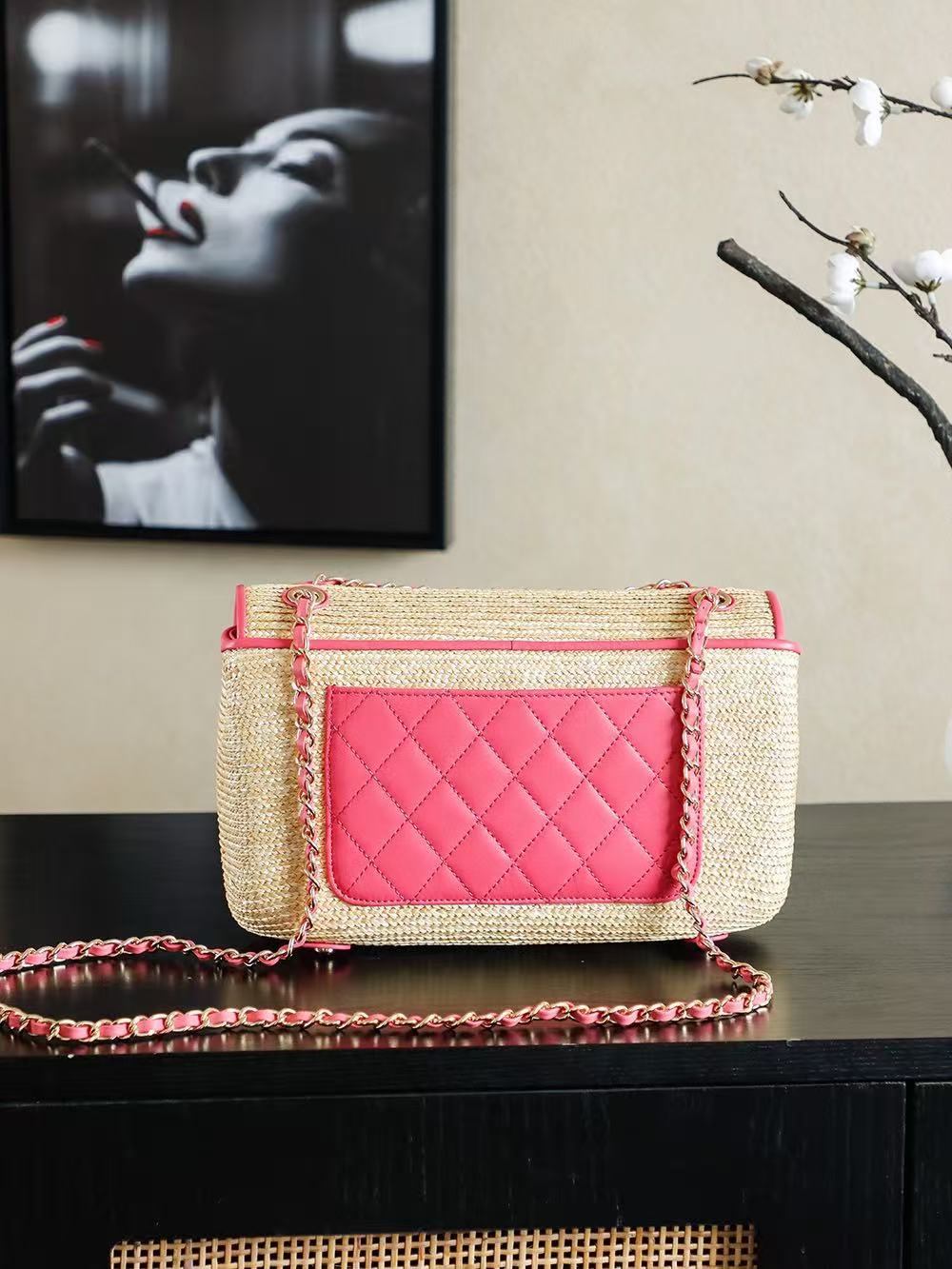 CC 25/26 Smal Flap Bag 23cm Beige Pink Straw Lambskin