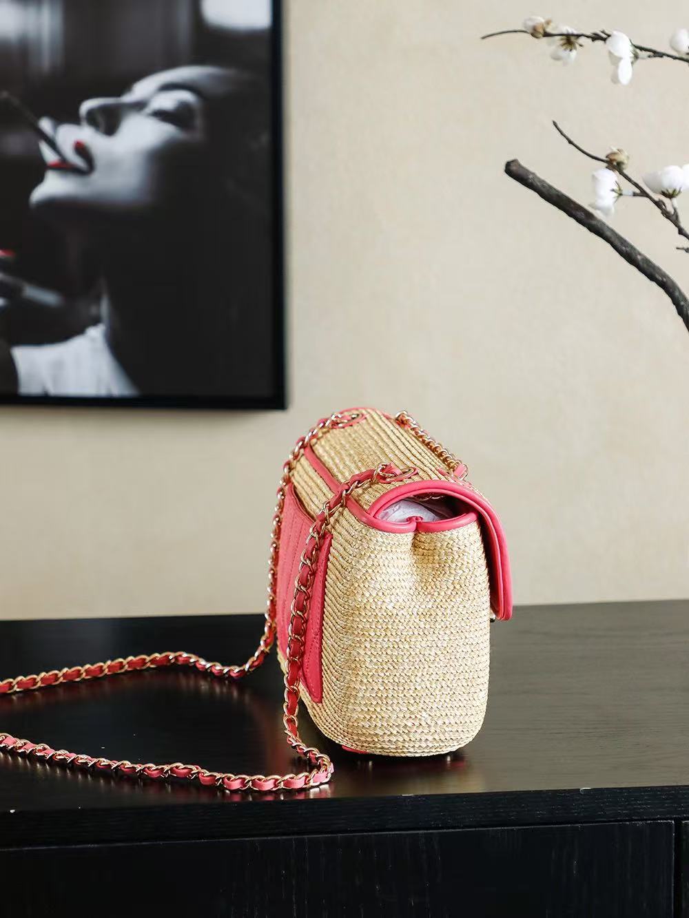 CC 25/26 Smal Flap Bag 23cm Beige Pink Straw Lambskin
