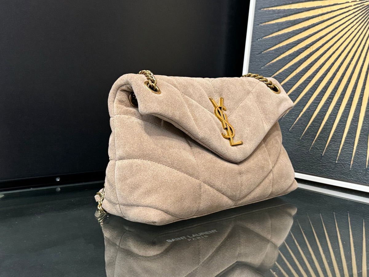 LOULOU PUFFER SMALL 29 LIGHT TAUPE SUEDE GHW