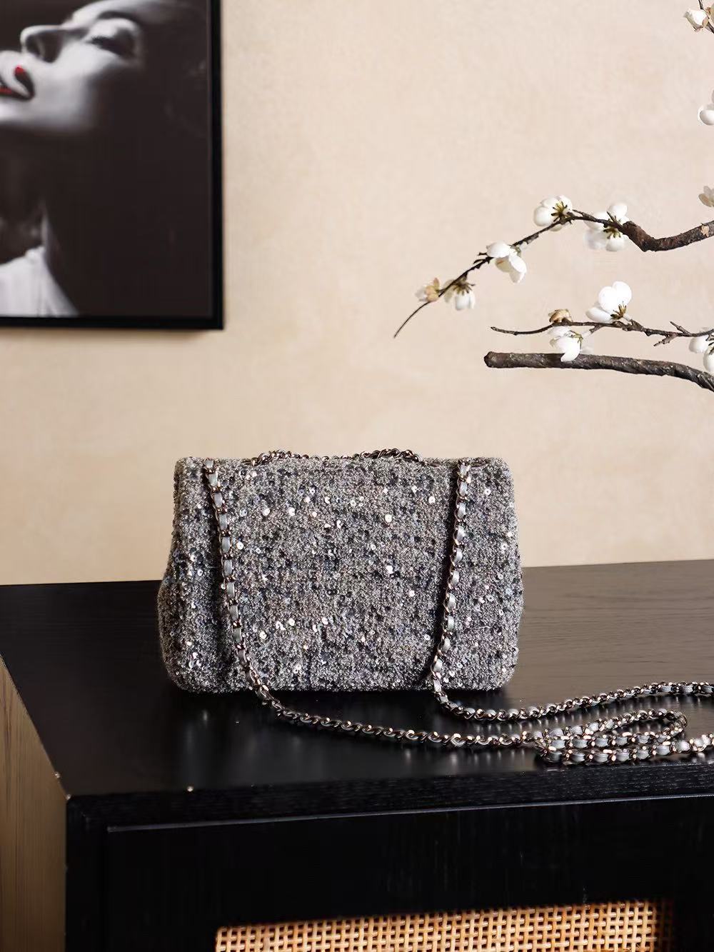 Chanel 2026 Flap Bag 21cm Silver Gray Chevron Sequin