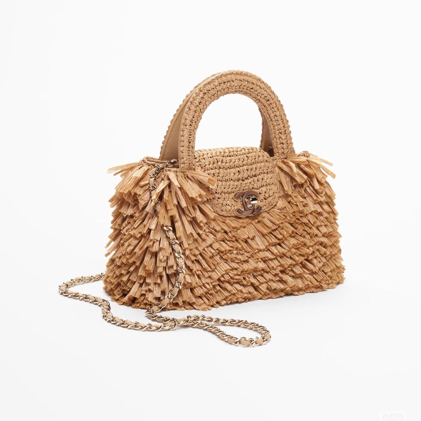 CC 2026 Mini Shopping Bag Dark Beige Raffia Fringe