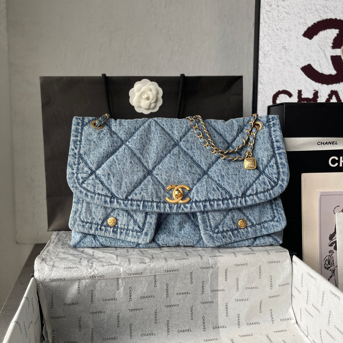 Chanel 26s Flap Bag 47cm Light Blue Mix White Denim