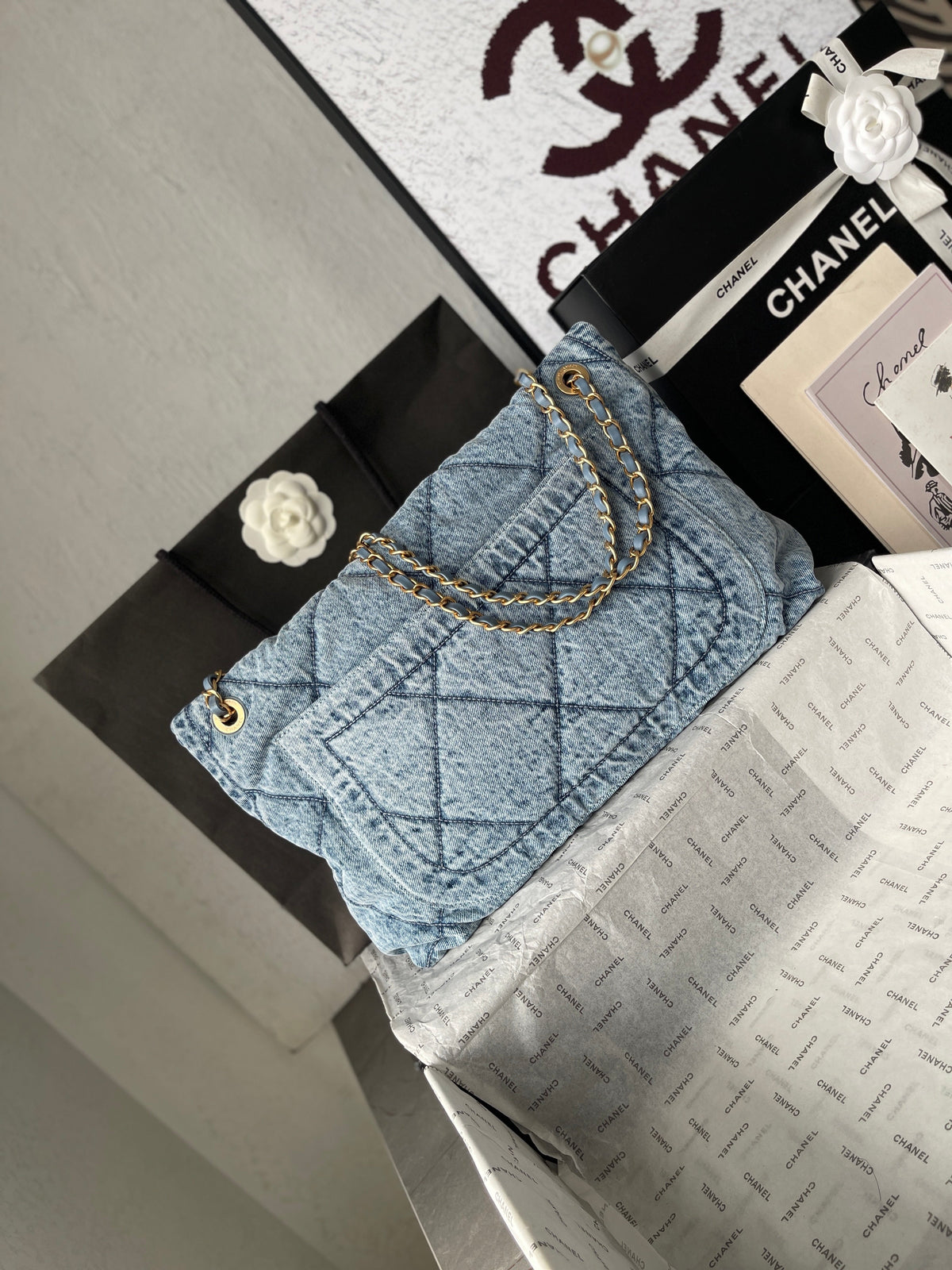 Chanel 26s Flap Bag 47cm Light Blue Mix White Denim