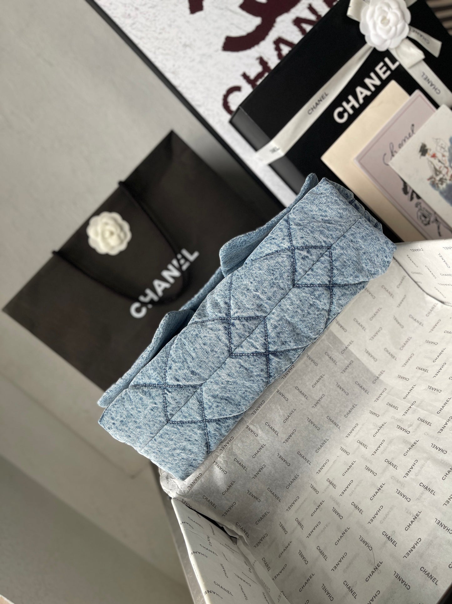 Chanel 26s Flap Bag 47cm Light Blue Mix White Denim