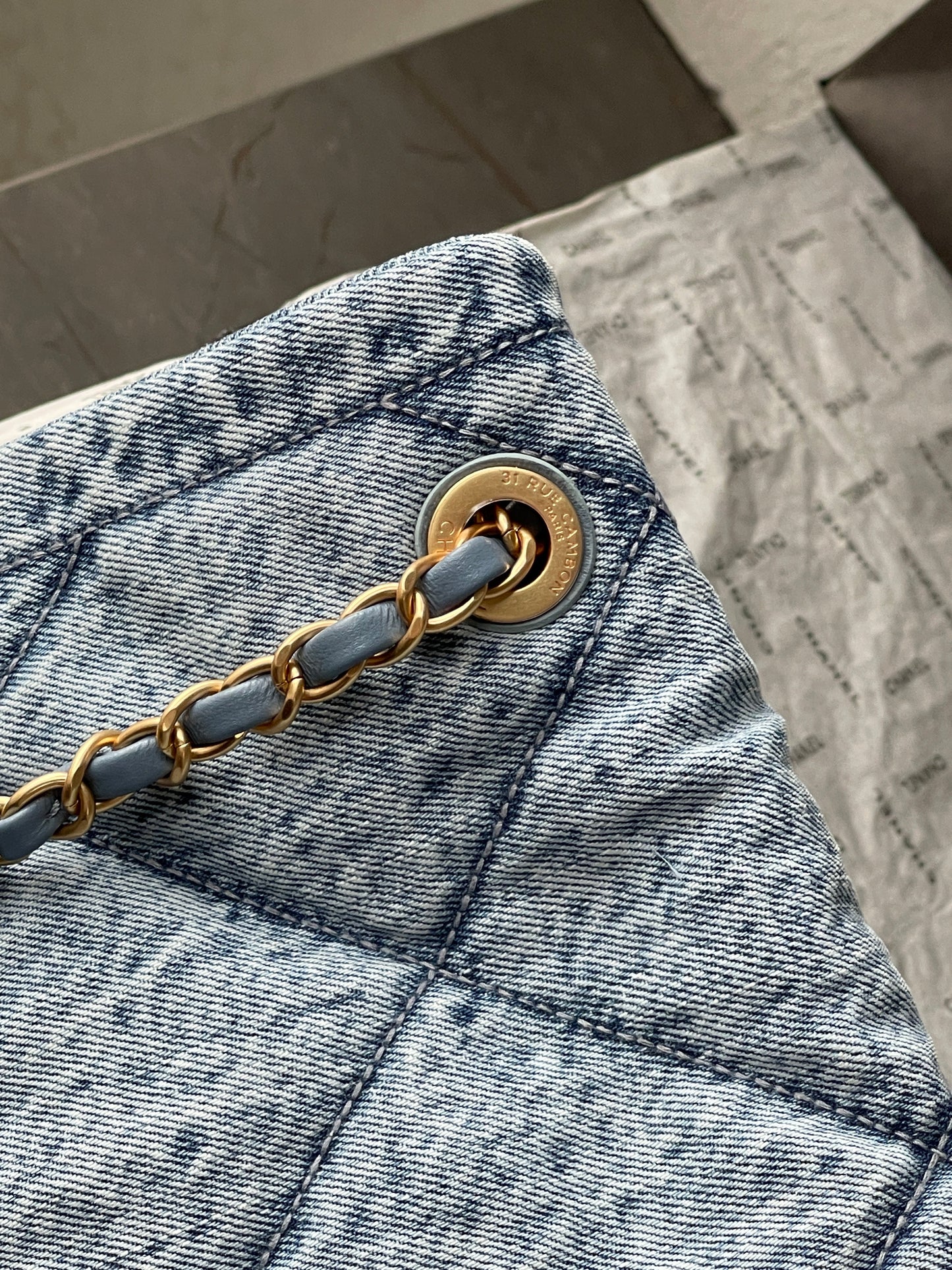 Chanel 26s Flap Bag 47cm Light Blue Mix White Denim