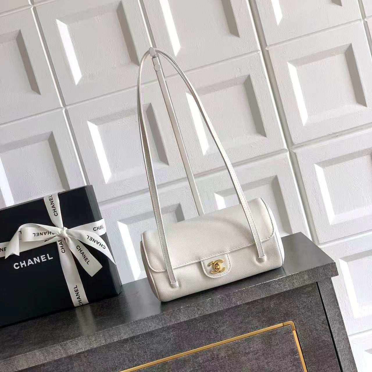 CC Preppy Coco Bowling Bag 20cm White Caviar Leather