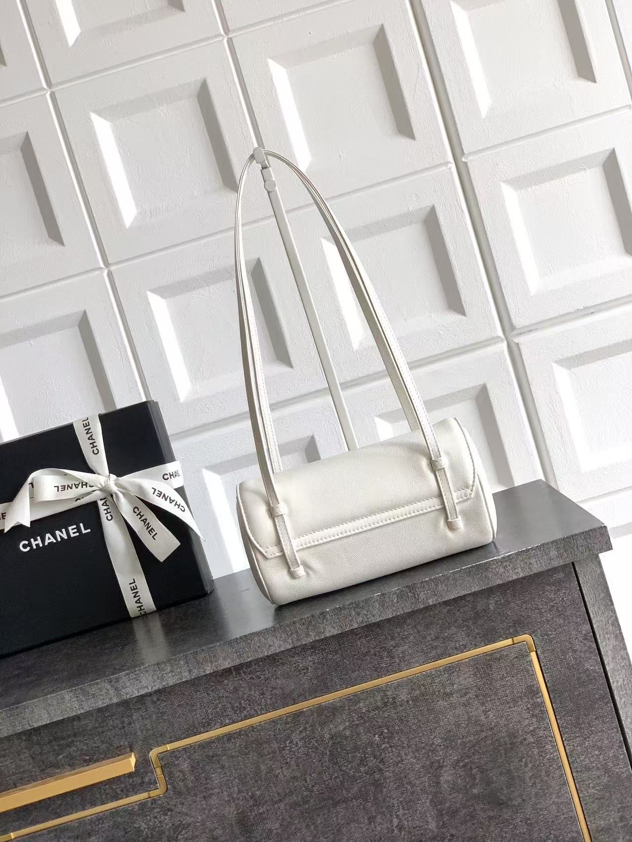 CC Preppy Coco Bowling Bag 20cm White Caviar Leather