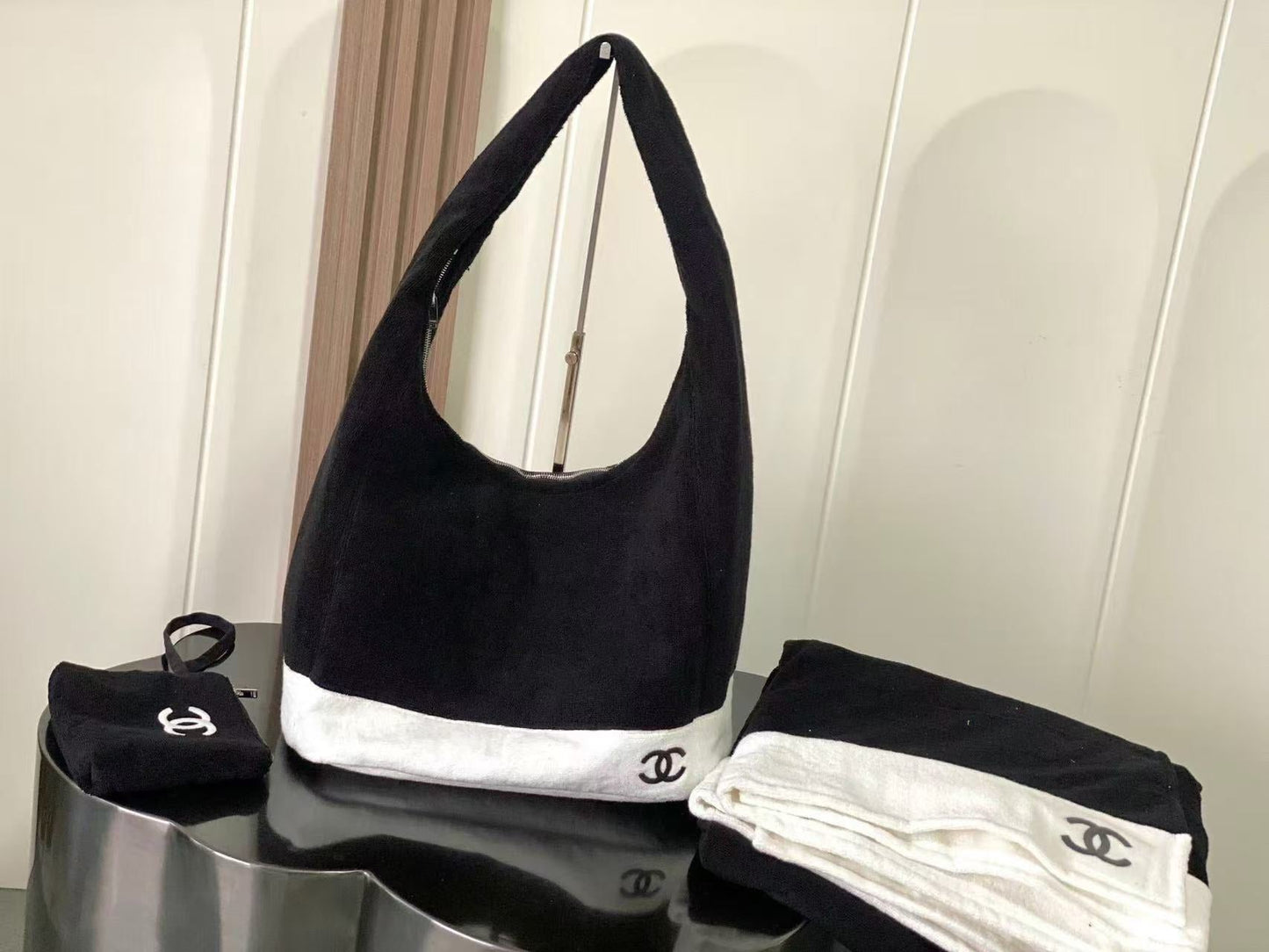 CC 2026 Beach Large Bag Black White Cotton 02 (Bag+Small Bag+Towel)