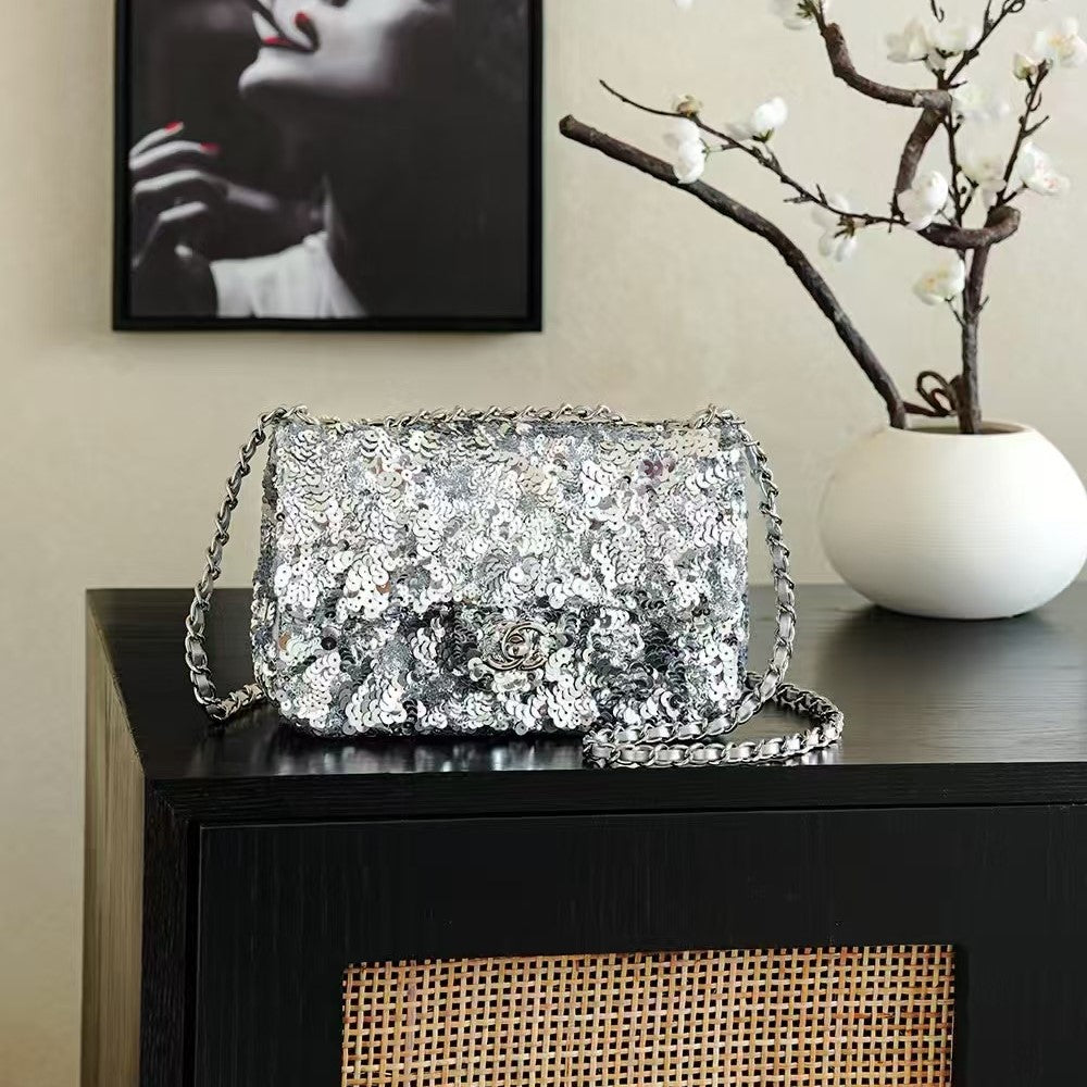 CC 25S Flap Bag 21cm Sliver Fringed Sequin Calfskin