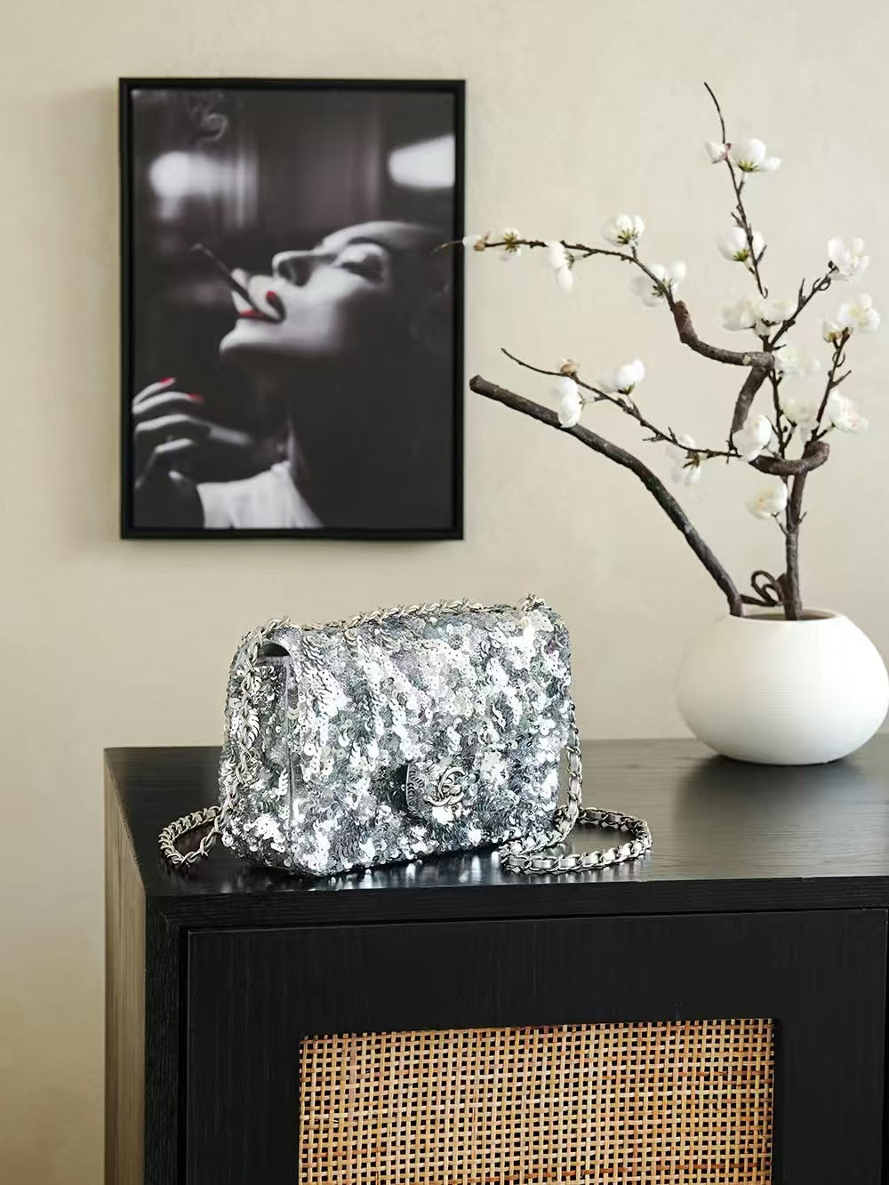 CC 25S Flap Bag 21cm Sliver Fringed Sequin Calfskin