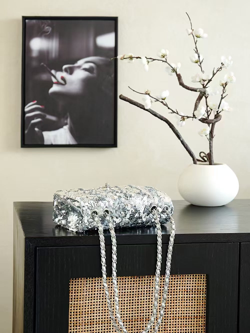 CC 25S Flap Bag 21cm Sliver Fringed Sequin Calfskin