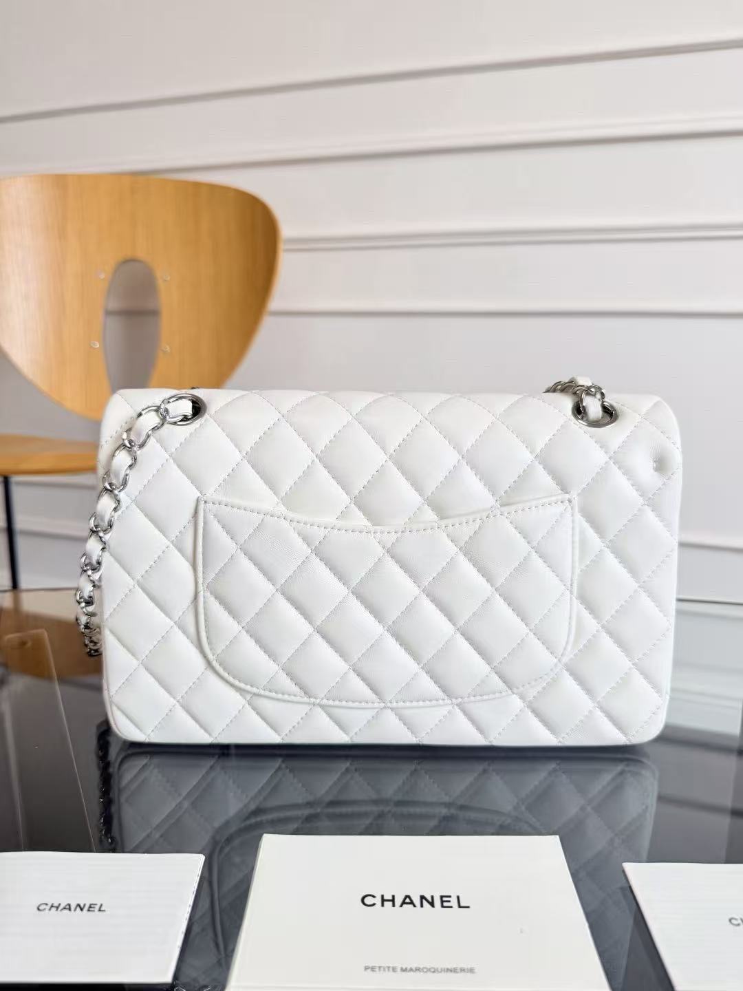 CC Flap Bag Jumbo 23cm White Lambskin Silver Hardware