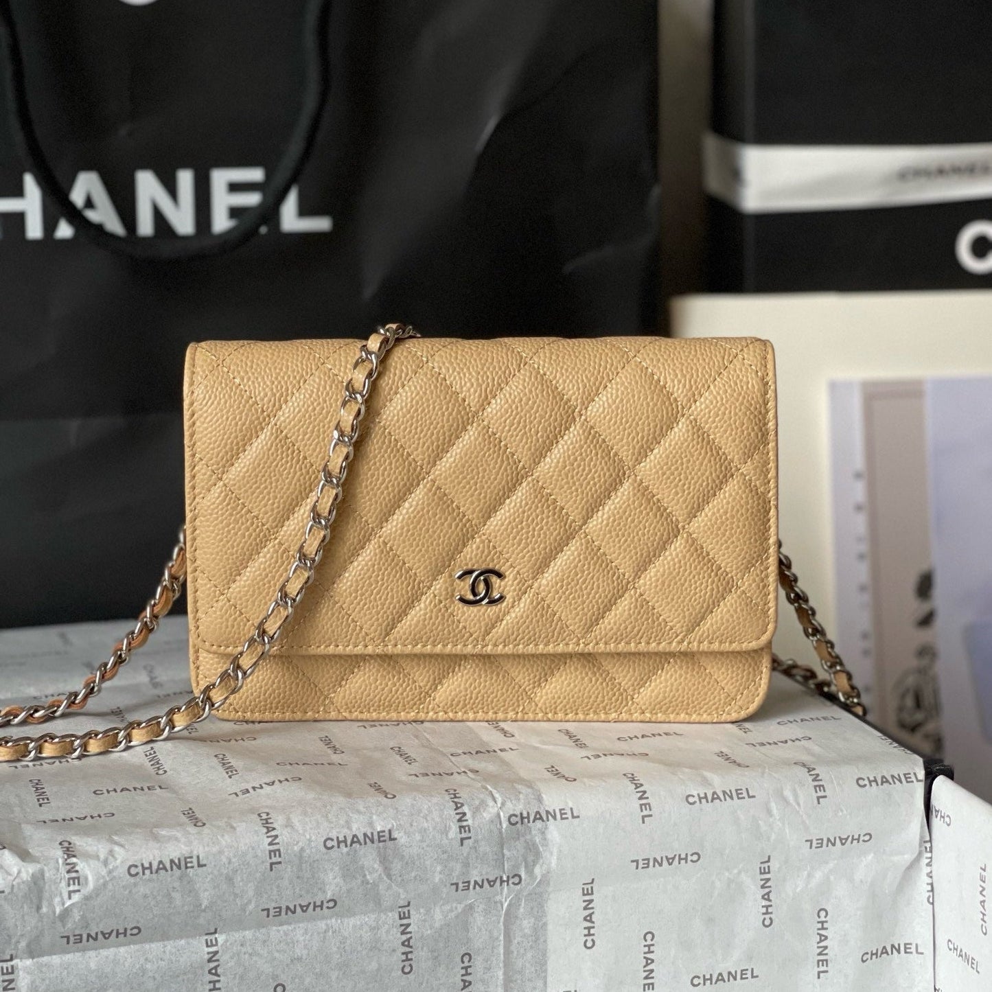 CC WOC Fortune Bag Beige Quilted Caviar Leather Sliver Hardware
