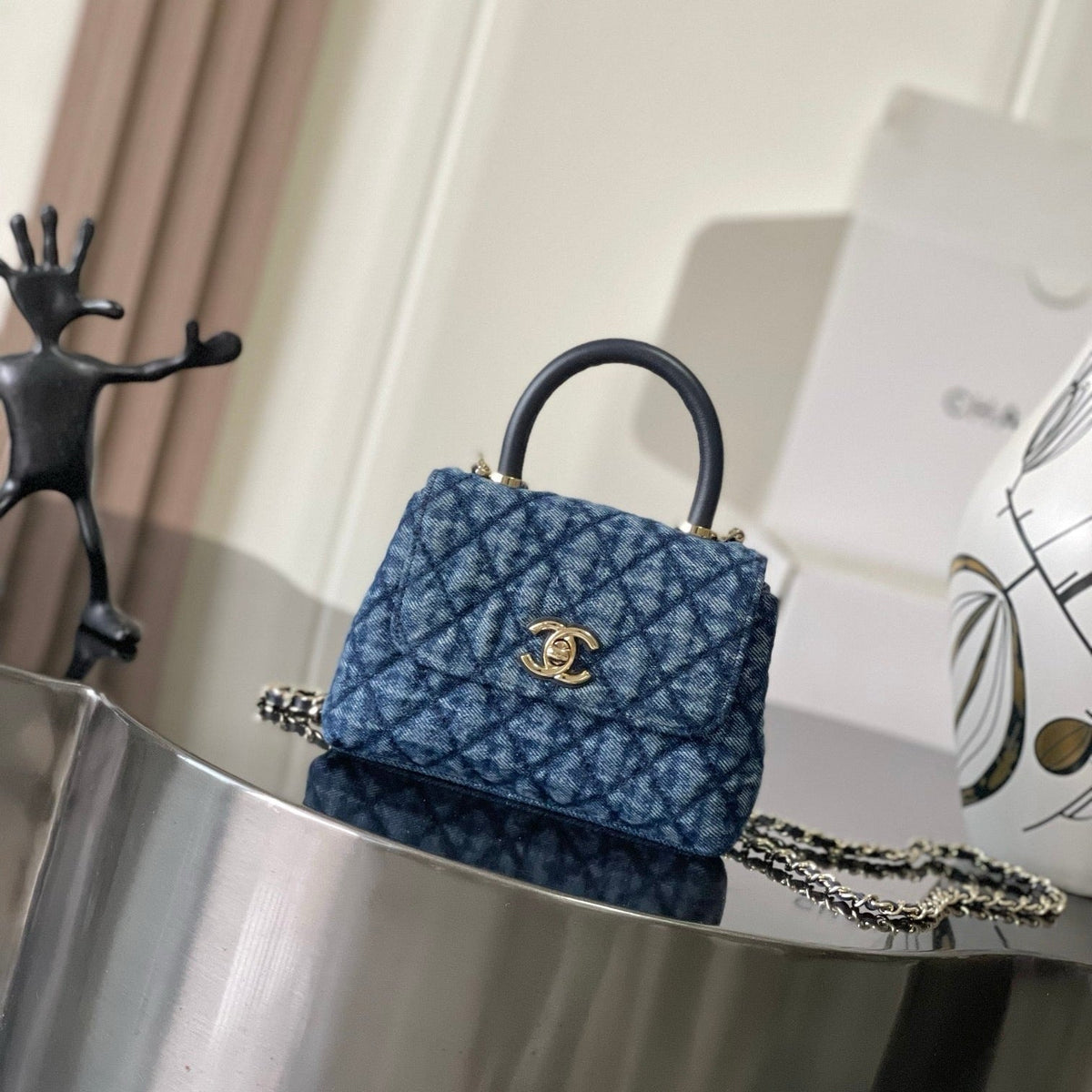 CC Coco Handbag 16.5cm Blue Quilted Denim