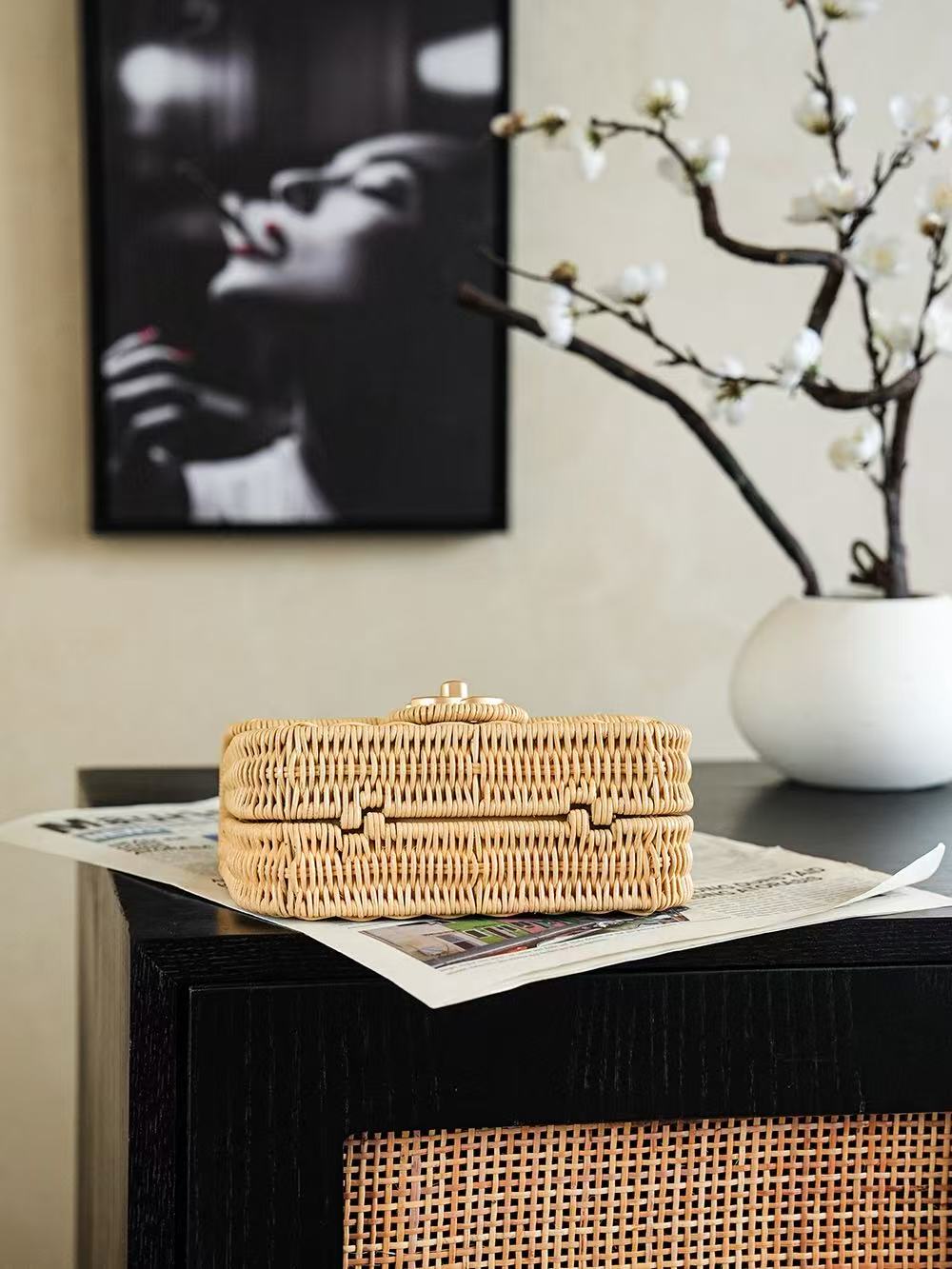 CC 2025/26 Mini Flap Bag with Top Handle Beige Braided Rattan