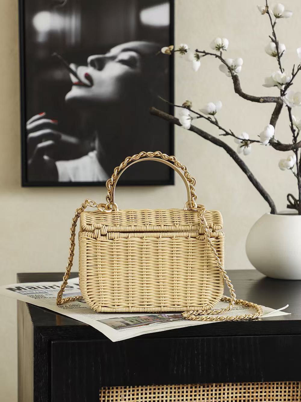 CC 2025/26 Mini Flap Bag with Top Handle Beige Braided Rattan