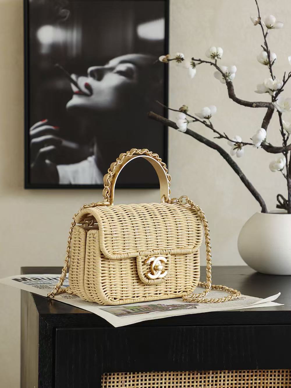 CC 2025/26 Mini Flap Bag with Top Handle Beige Braided Rattan
