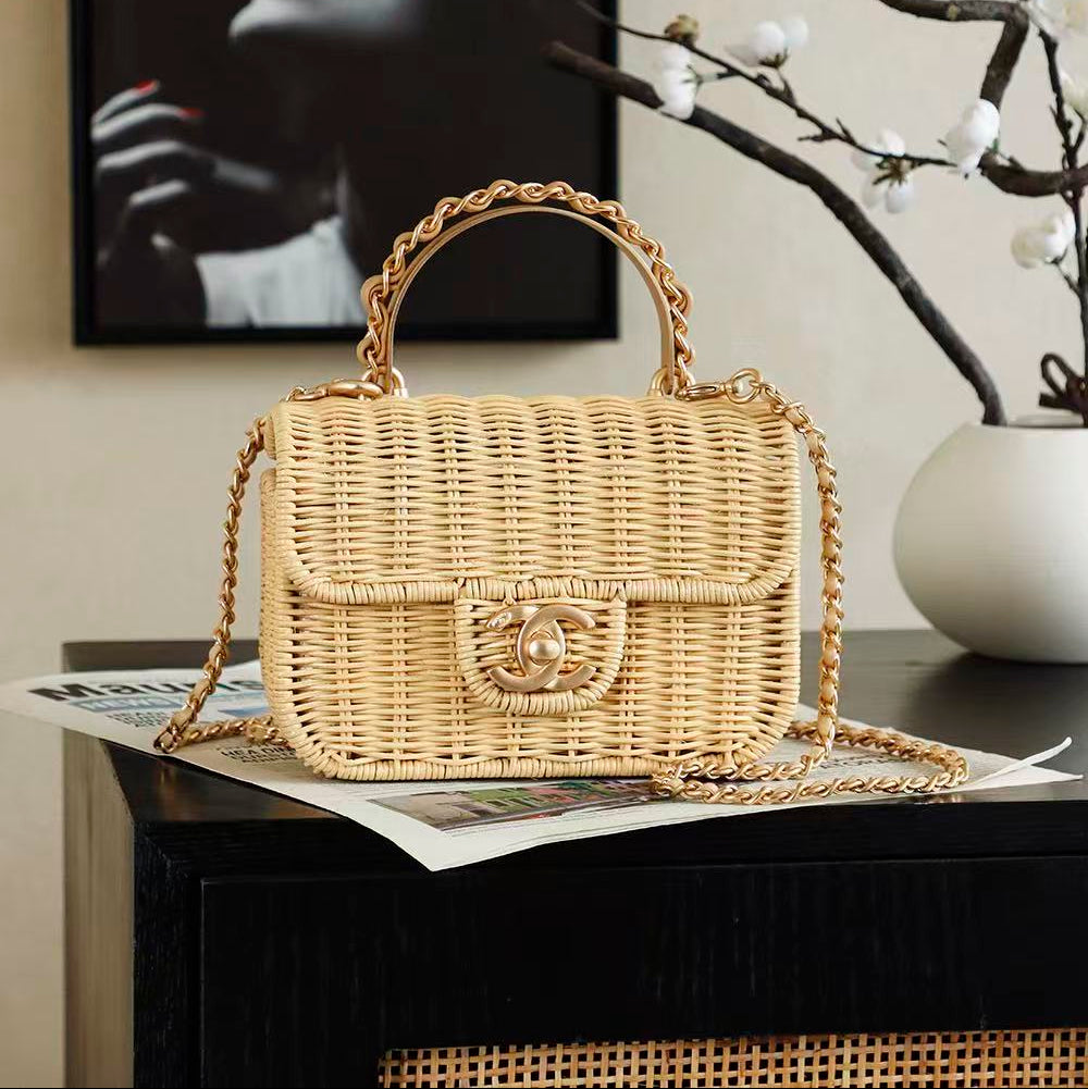 CC 2025/26 Mini Flap Bag with Top Handle Beige Braided Rattan