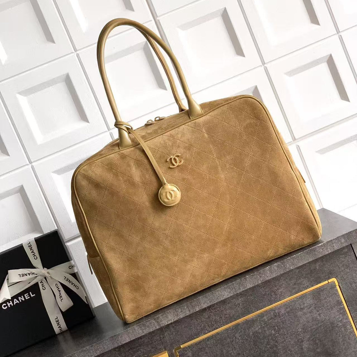 CC Maxi Bowling Bag 42cm Dark Beige Suede Calfskin