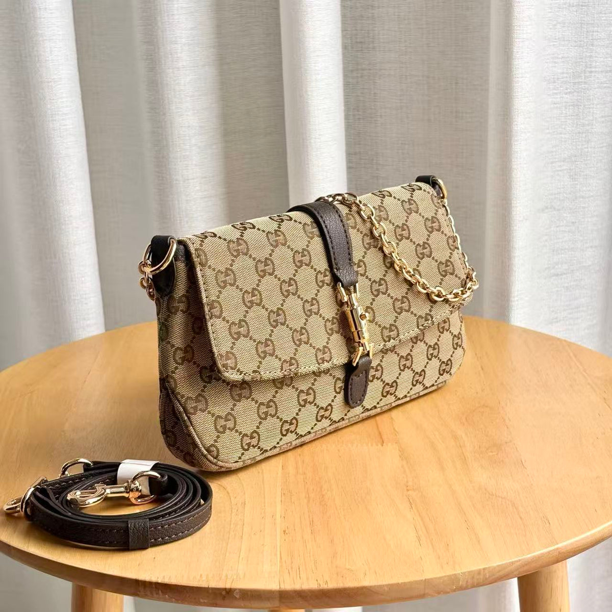 GG Aperitivo Medium Shoulder Bag Beige Brown Canvas