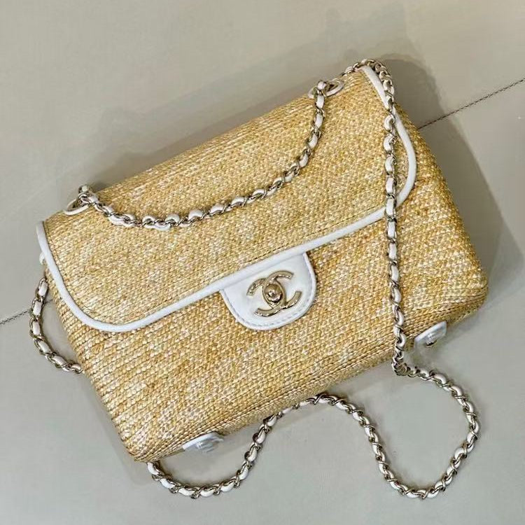 CC 2026 Flap Bag 23cm Beige Raffia And Lambskin