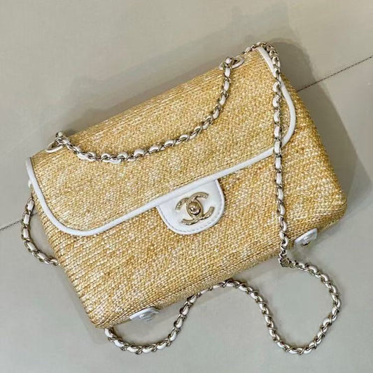 CC 2026 Flap Bag 23cm Beige Raffia And Lambskin