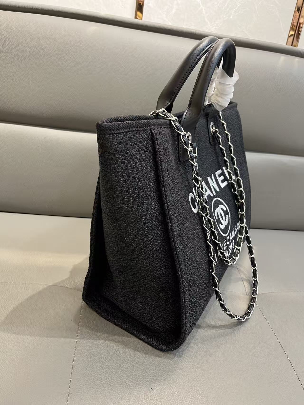 CC Deauville Tote Bag White Lettering Chain Strap 38cm Black Denim