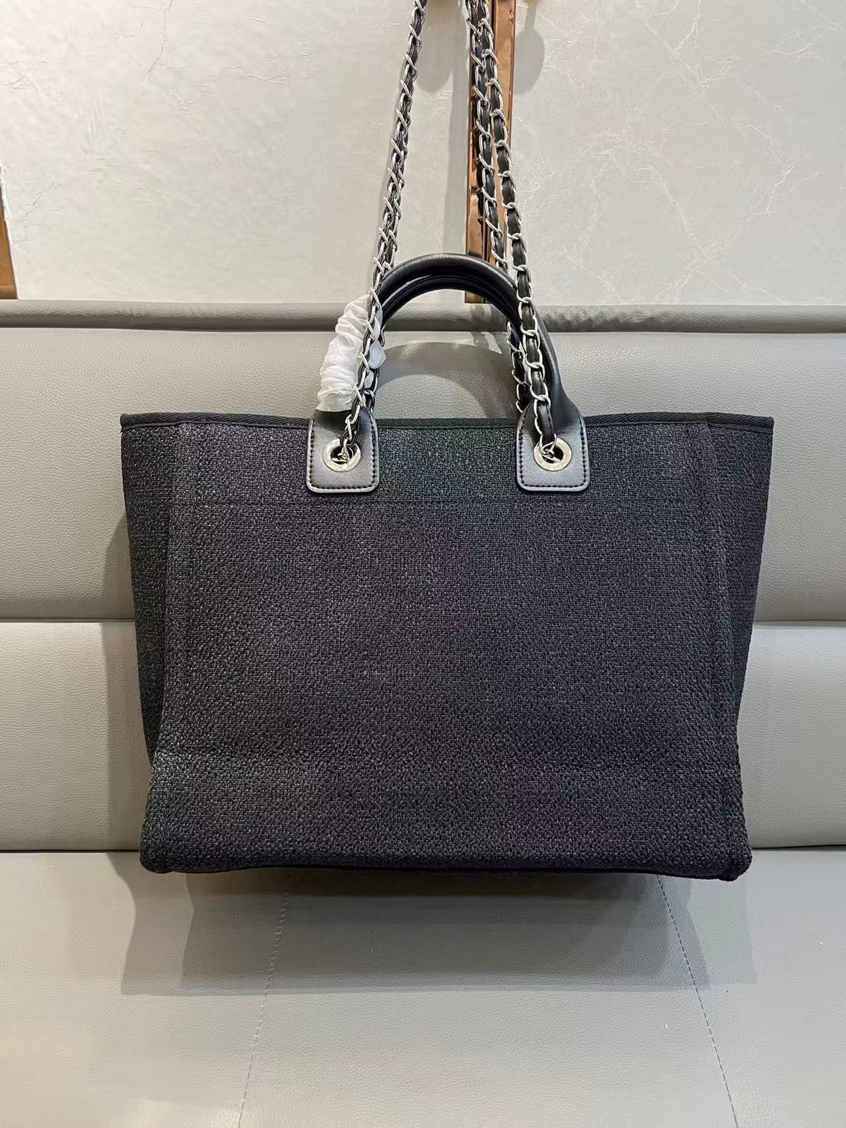 CC Deauville Tote Bag White Lettering Chain Strap 38cm Black Denim