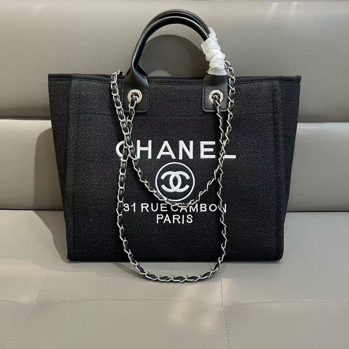 CC Deauville Tote Bag White Lettering Chain Strap 38cm Black Denim