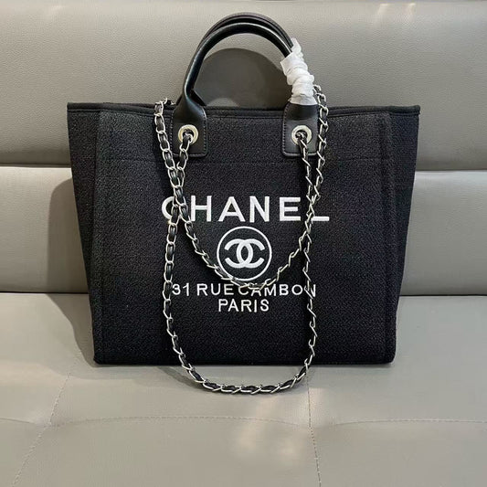 CC Deauville Tote Bag White Lettering Chain Strap 38cm Black Denim