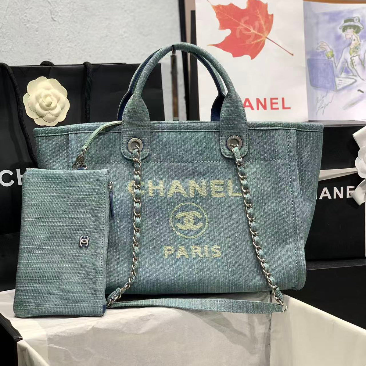 CC Large Deauville Shopping Tote Bag Blue Denim