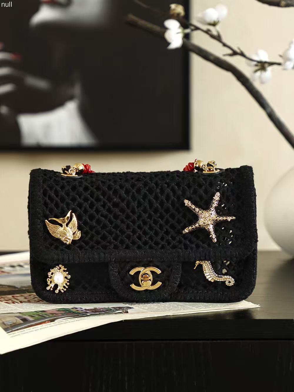 CC Coco Beach 2026 Small Flap Bag Charm Black Mesh