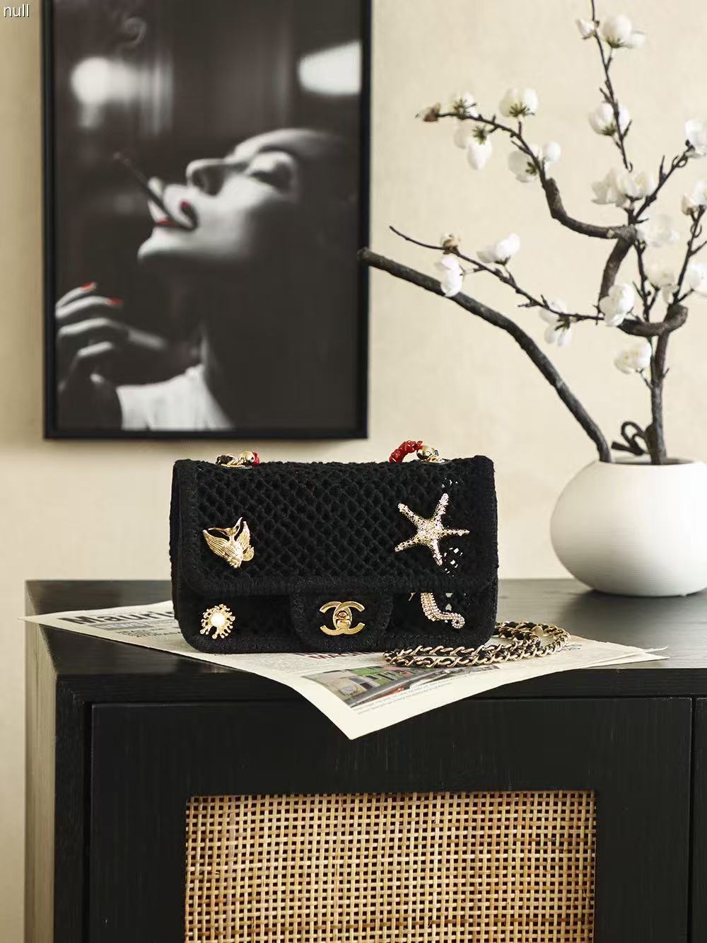 CC Coco Beach 2026 Small Flap Bag Charm Black Mesh