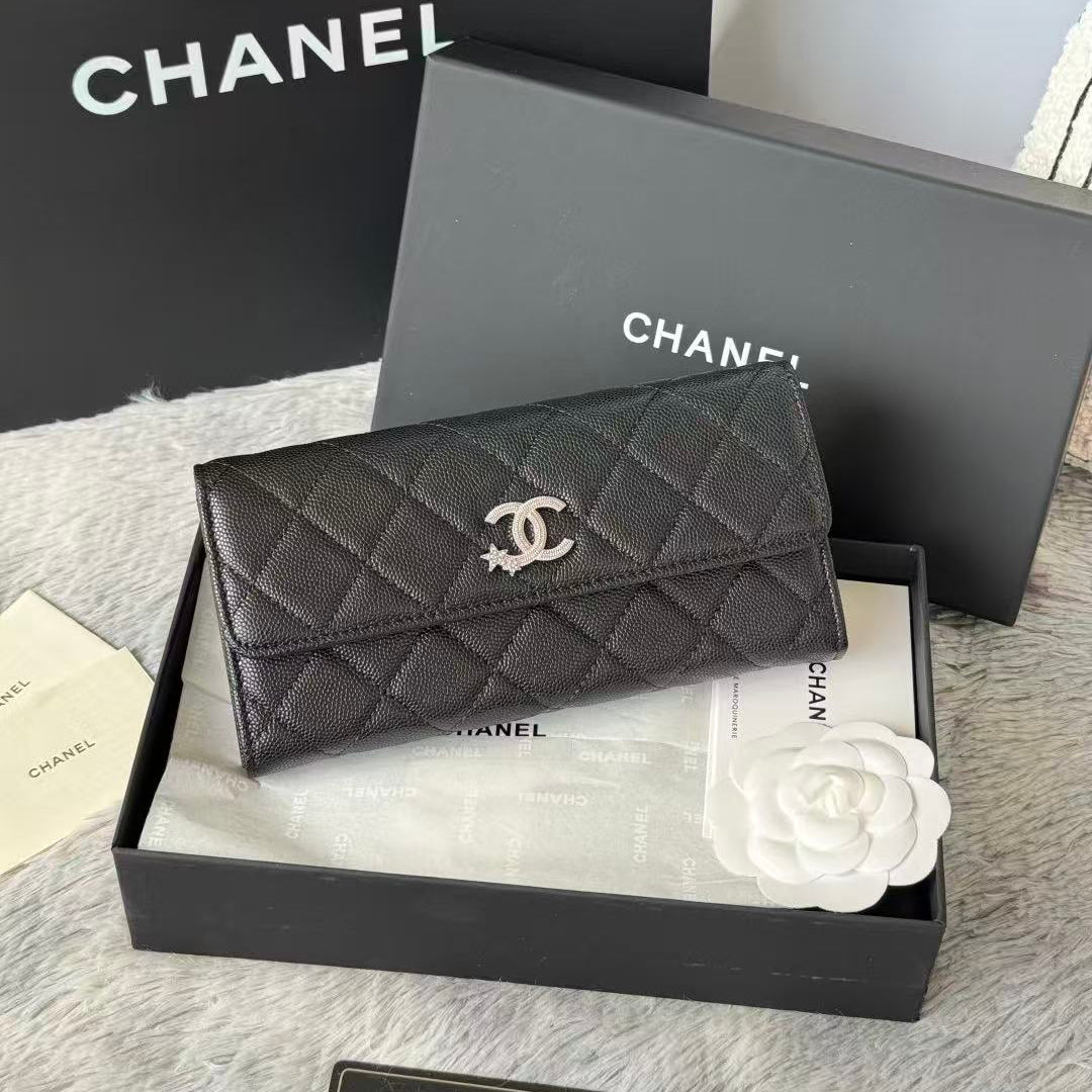 CC Quilted Flap Wallet Black Caviar