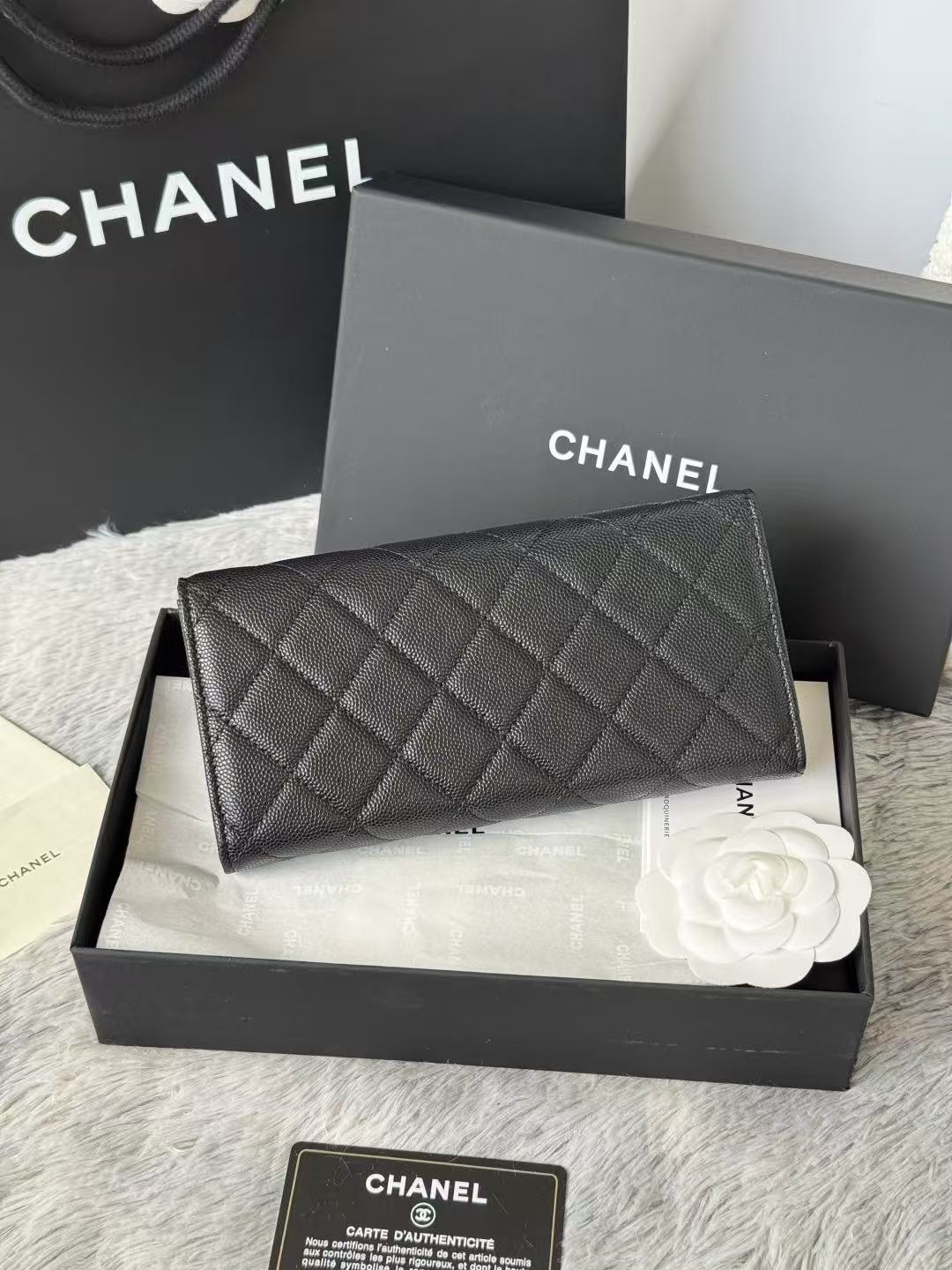 CC Quilted Flap Wallet Black Caviar