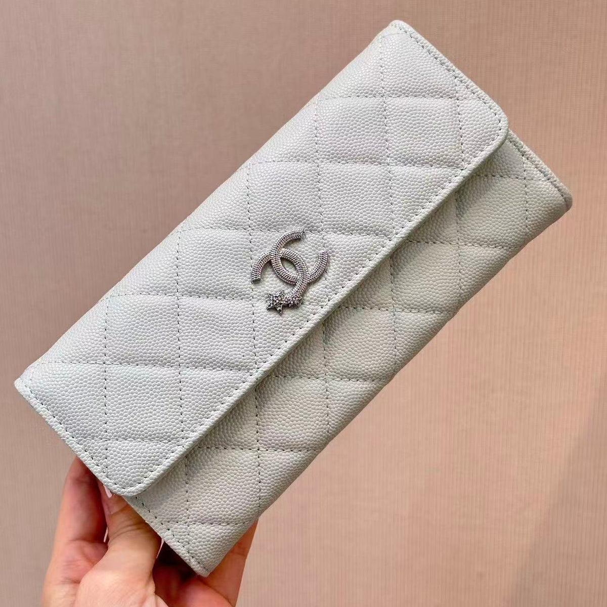 CC Quilted Flap Wallet White Caviar