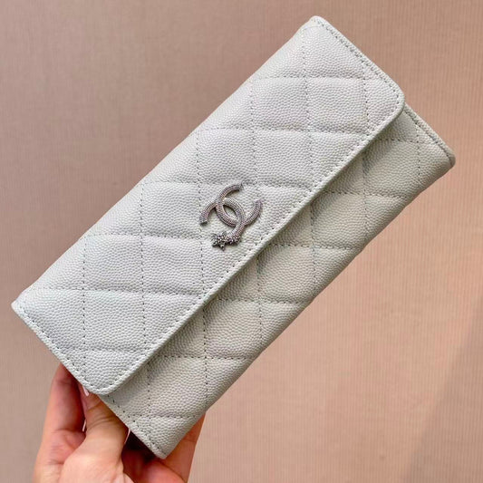 CC Quilted Flap Wallet White Caviar