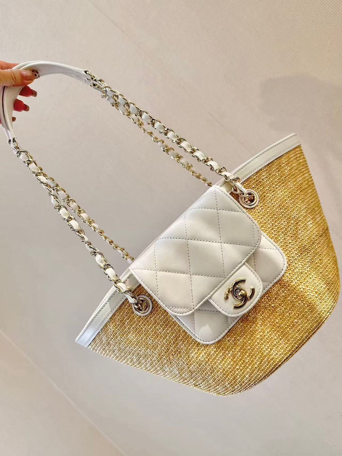 CC 26s Shopping Tote Bag Braided Raffia Lambskin