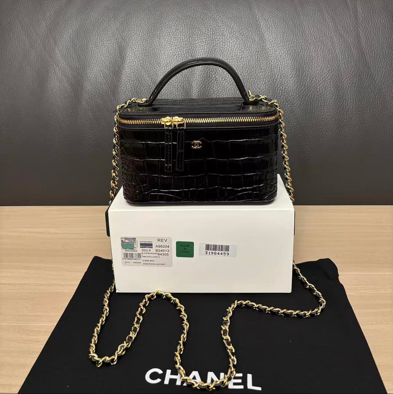 CC 26s Top Handle Vanity Case Black Calfskin Crocodile Embossed