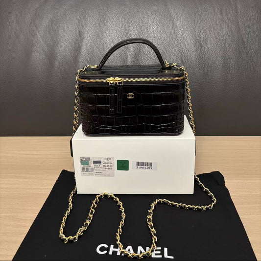 CC 26s Top Handle Vanity Case Black Calfskin Crocodile Embossed